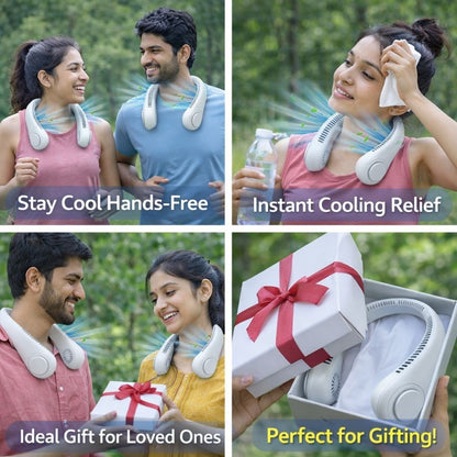 Collage of a man and woman using cooling neck wraps outdoors, with text highlighting features and benefits.