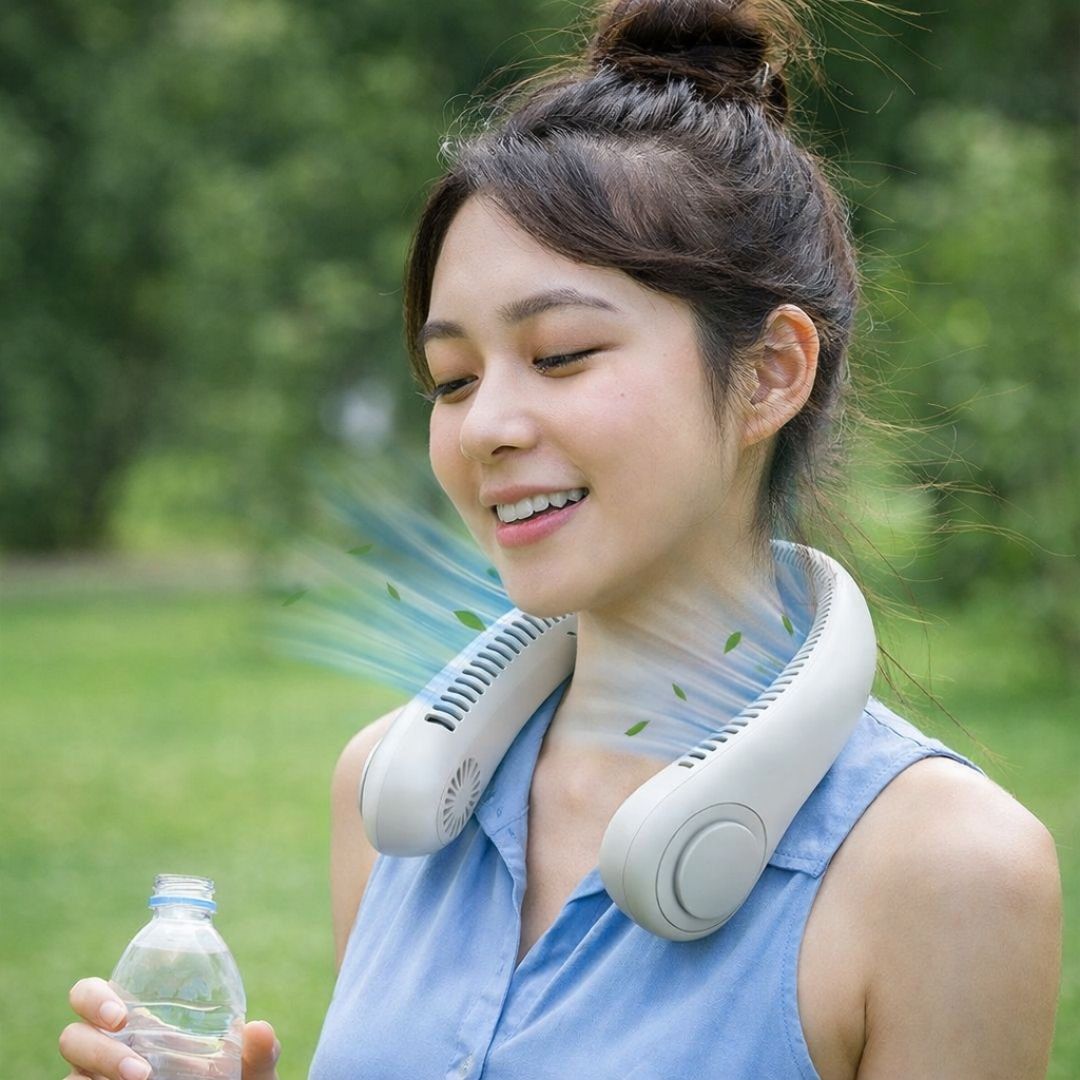 Woman wearing a neck cooling device outdoors