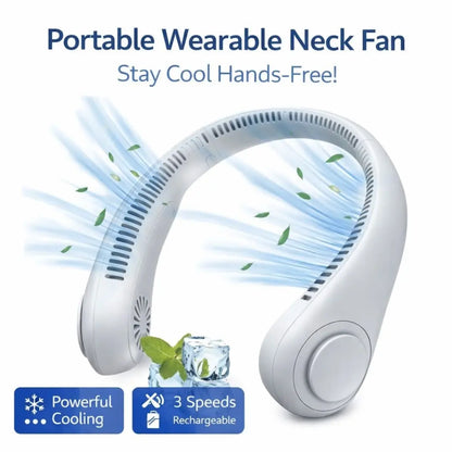 Portable wearable neck fan with text 'Stay Cool Hands-Free!' on a white background