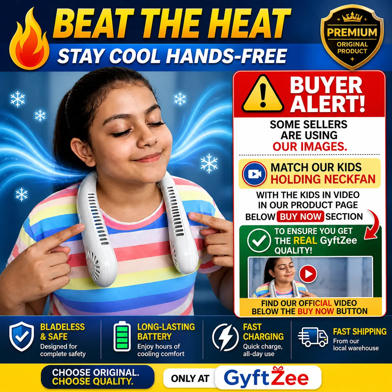 Promotional advertisement for a cooling neck fan with a child using it, featuring text about product features and a warning about counterfeit products.