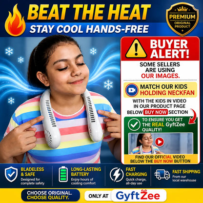 Promotional advertisement for a cooling neck fan with a child using it, featuring text about product features and a warning about counterfeit products.