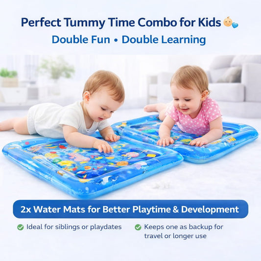 Two children playing on inflatable water mats with text about tummy time combo for kids.