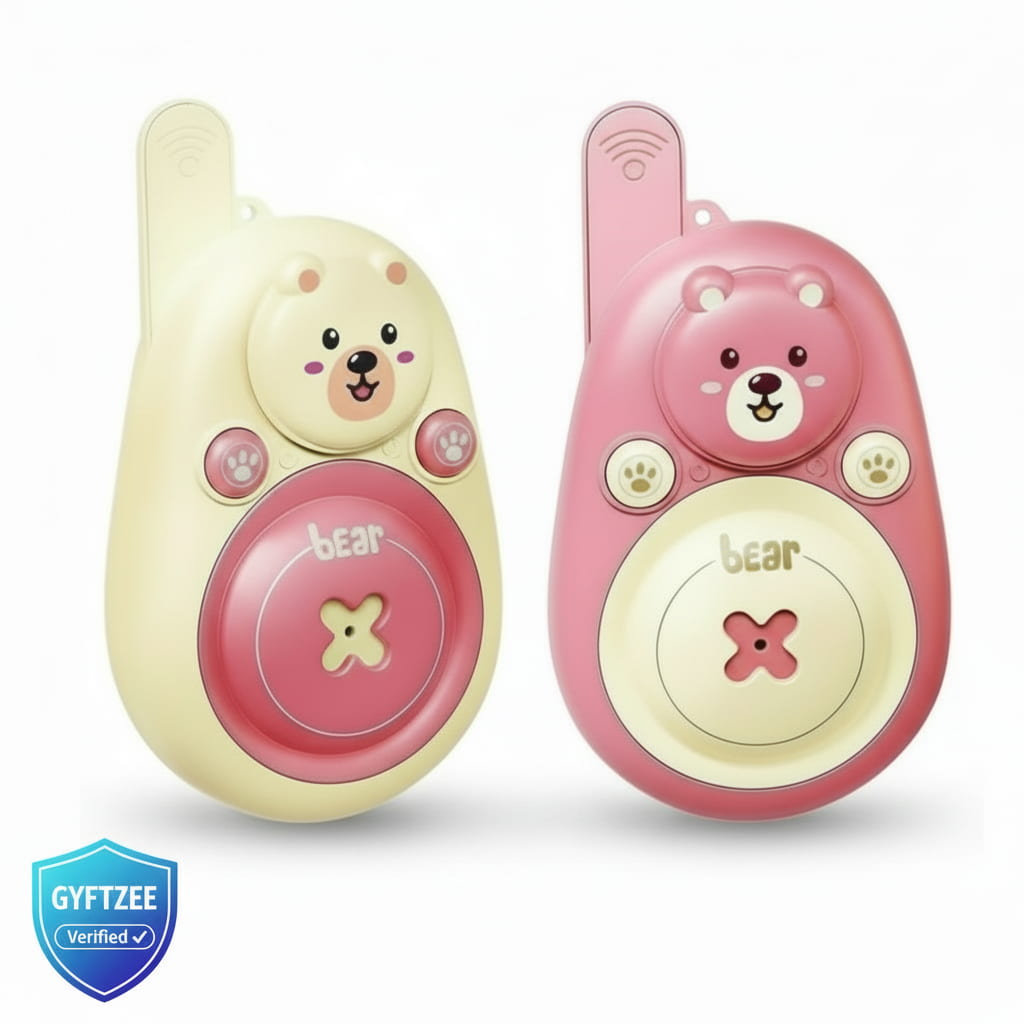 Two toy walkie-talkies shaped like bears on a white background, with a GYFTZEE verified badge.