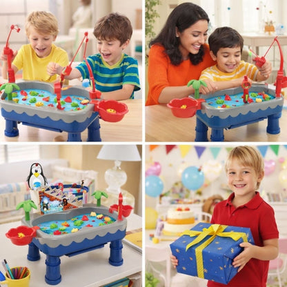 Children playing with a fishing game table and a boy holding a gift box.