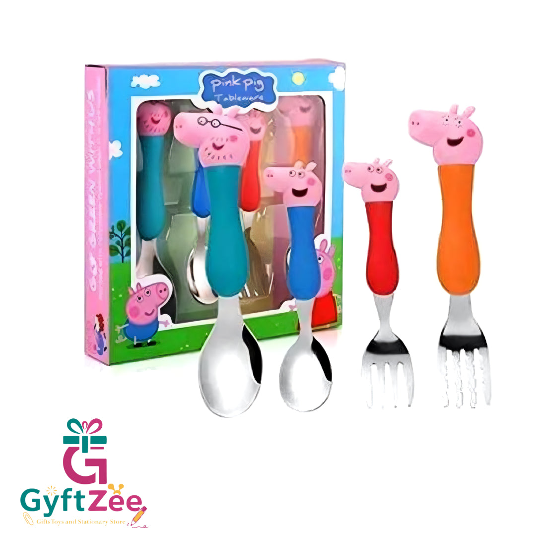 Stainless Steel Peppa Pig Spoon and Fork Set for Kids – 4-Piece Cutlery Set by Fete Propz