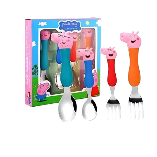 Stainless Steel Peppa Pig Spoon and Fork Set for Kids – 4-Piece Cutlery Set by Fete Propz