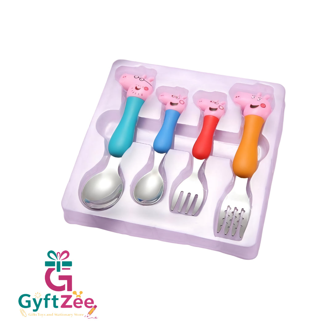 Stainless Steel Peppa Pig Spoon and Fork Set for Kids – 4-Piece Cutlery Set by Fete Propz