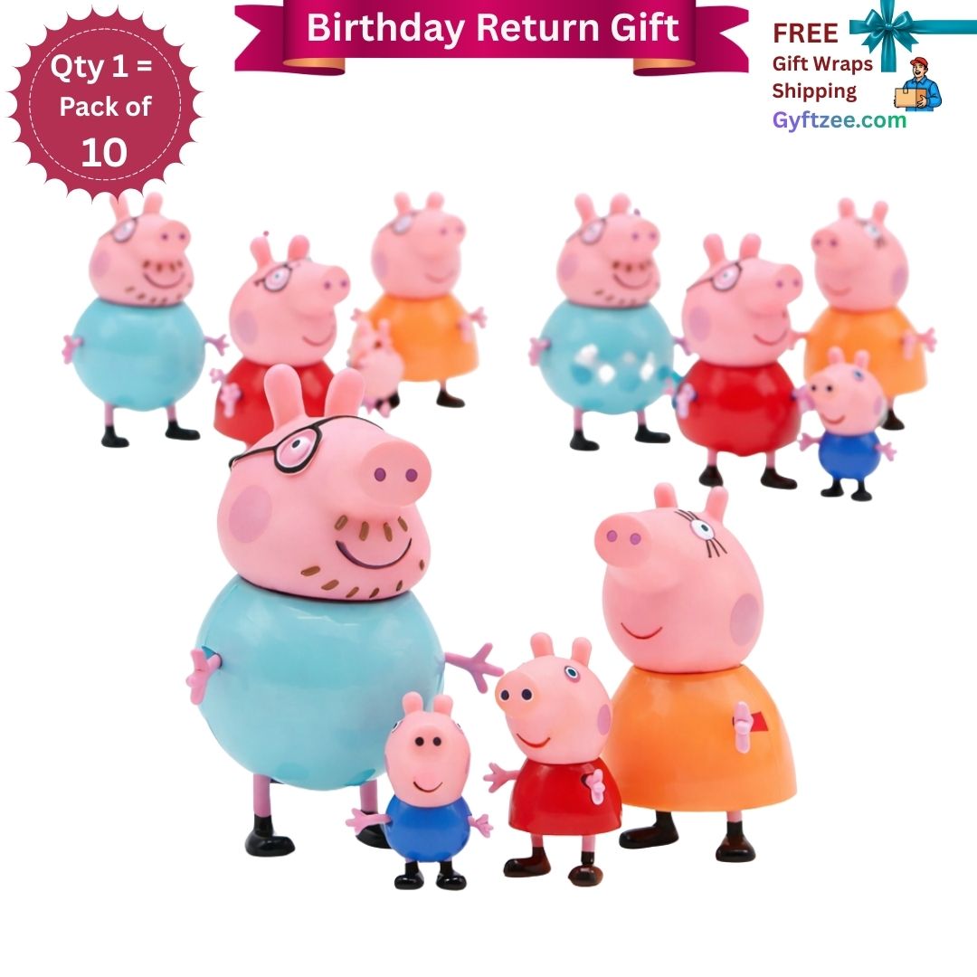 Pack of Peppa Pig figurines with promotional text on a white background