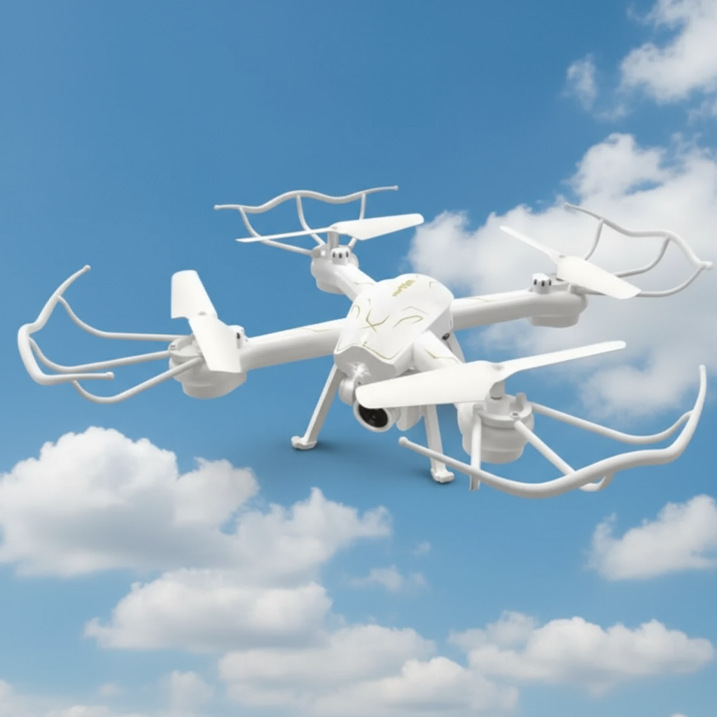 White drone flying in a clear blue sky with some clouds