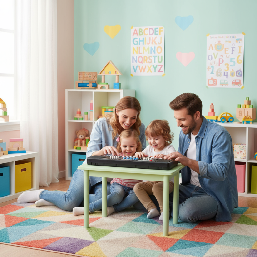 Family playing with a toy keyboard in a colorful children's room.