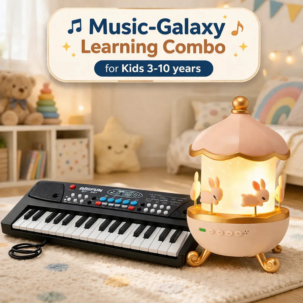Music-Galaxy Learning Combo for kids with a keyboard and carousel toy in a room setting.