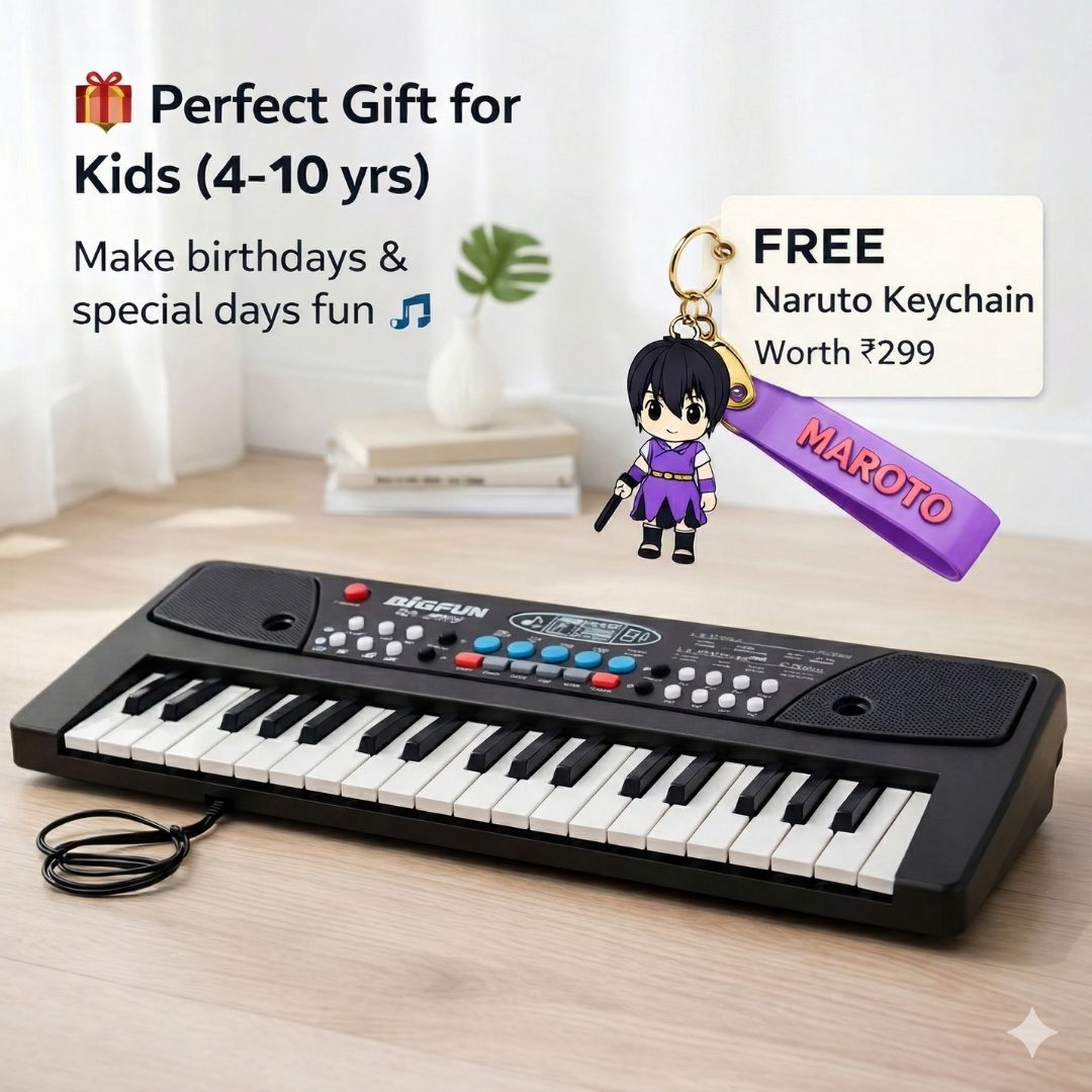 Children's keyboard with a free Naruto keychain on a wooden surface
