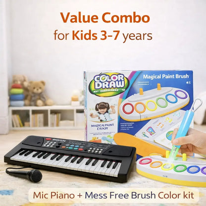Children's toy piano and color drawing kit with 'Color Draw' and 'Magical Paint Brush' on a light background.