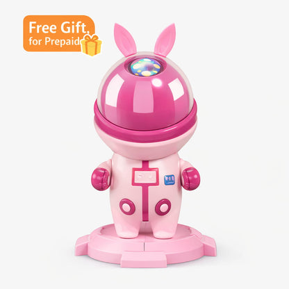 Pink robot toy with bunny ears on a white background