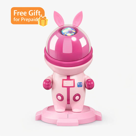 Pink robot toy with bunny ears on a white background
