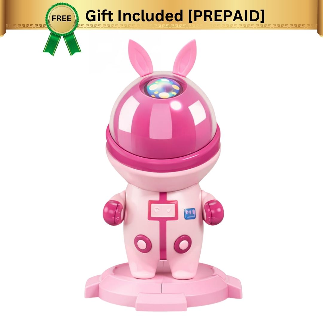 Pink robot toy with a free gift included label on a white background