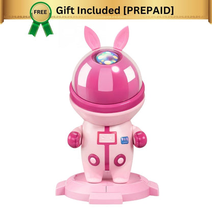 Pink robot toy with a free gift included label on a white background
