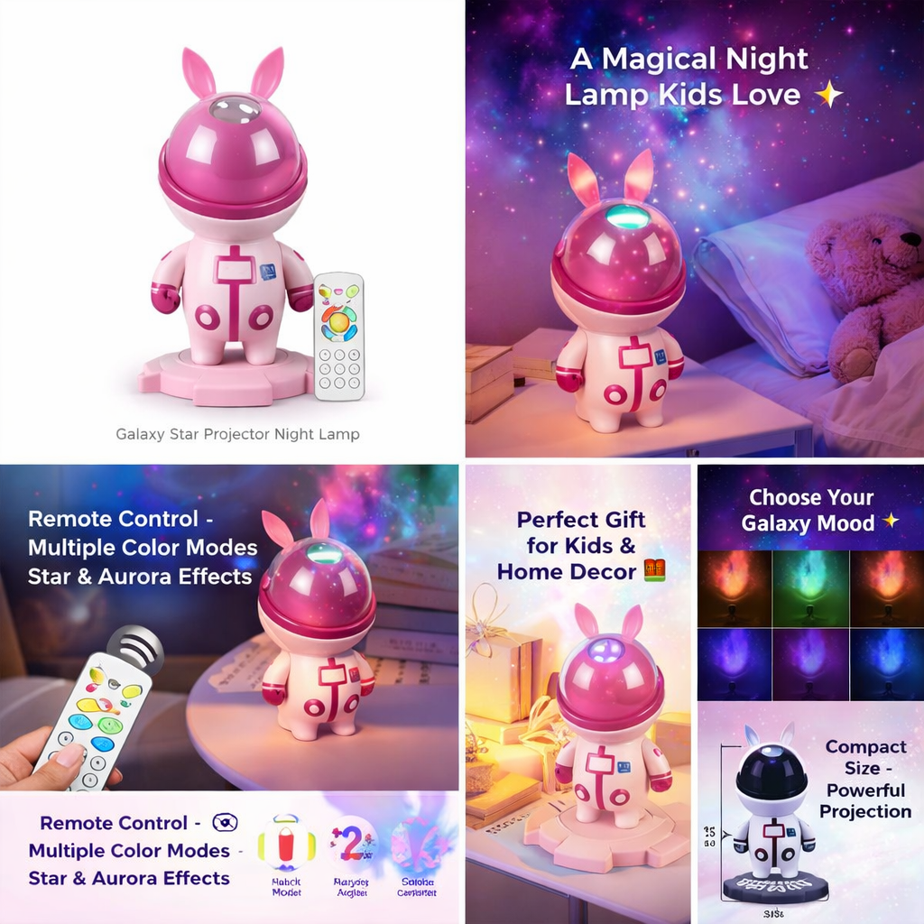 Astronaut Galaxy Projector Night Lamp with Remote – Pink