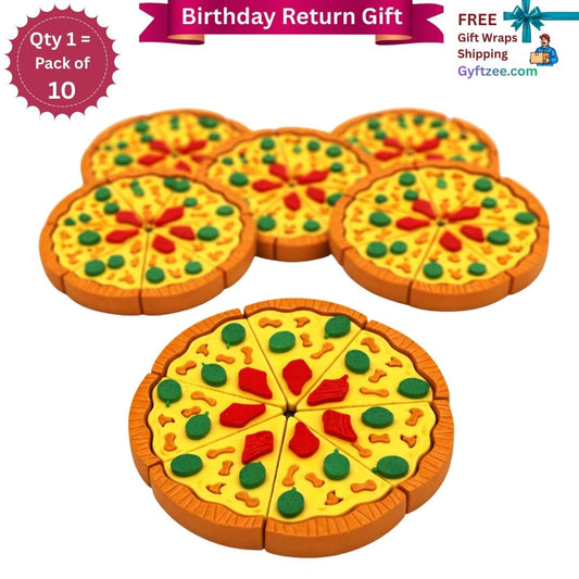 Set of toy pizzas with colorful toppings on a white background, labeled as a birthday return gift pack.