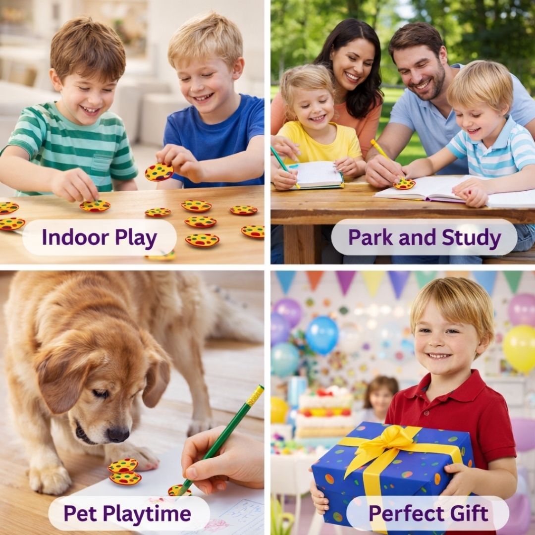Collage of children playing, a family outdoors, a dog with a toy, and a child with a gift, labeled 'Indoor Play', 'Park and Study', 'Pet Playtime', and 'Perfect Gift'.