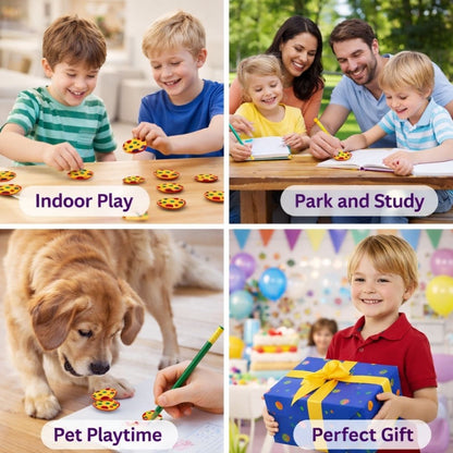 Collage of children playing, a family outdoors, a dog with a toy, and a child with a gift, labeled 'Indoor Play', 'Park and Study', 'Pet Playtime', and 'Perfect Gift'.