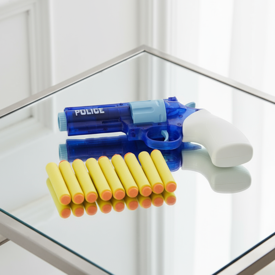 A toy gun resembling a police blaze gun with a blue body and white handle, accompanied by ten yellow foam darts.