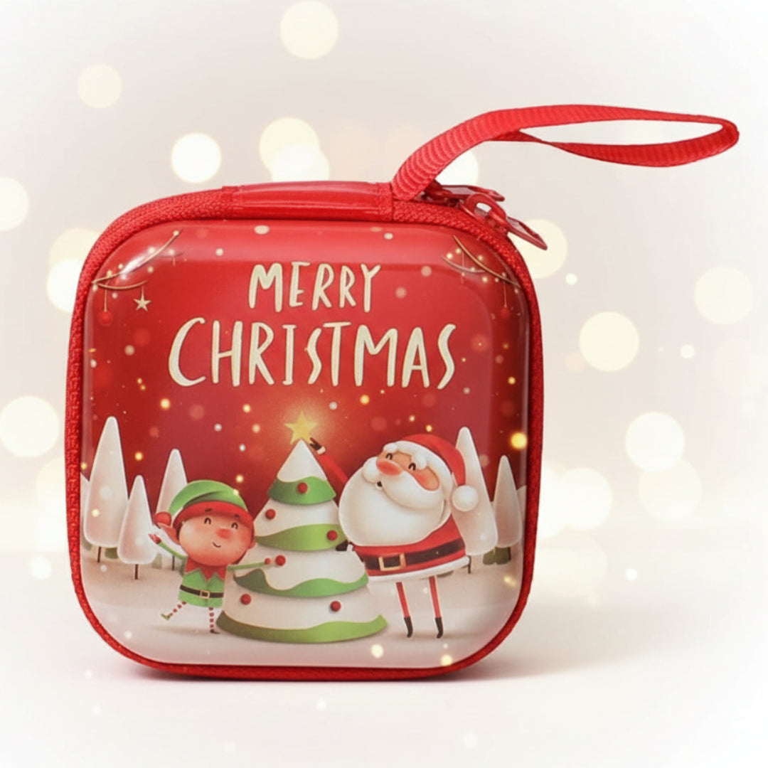 Small red Christmas-themed pouch with Santa Claus, elves, and trees on a white background