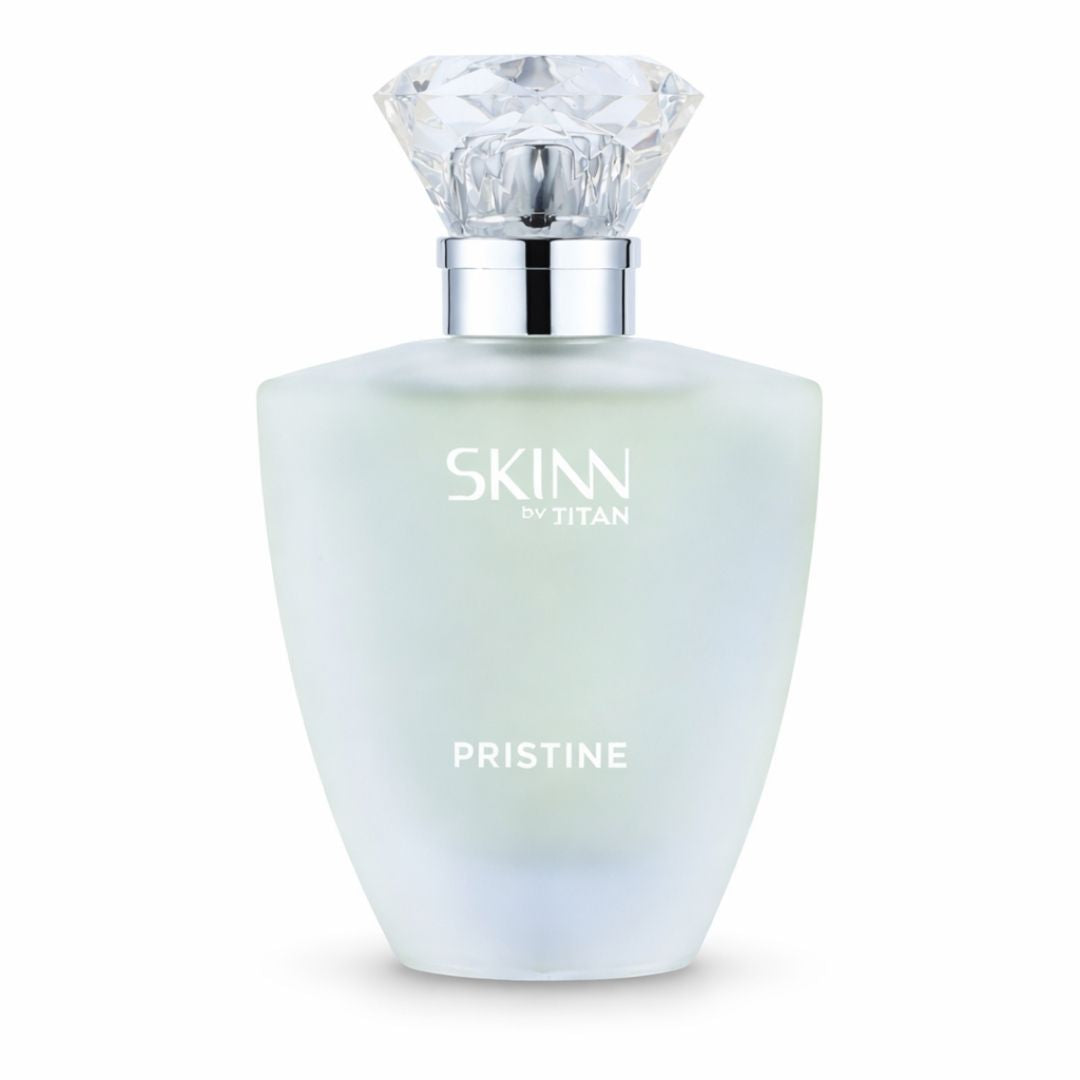 Skinn by Titan Pristine perfume bottle with diamond-shaped cap on a white background
