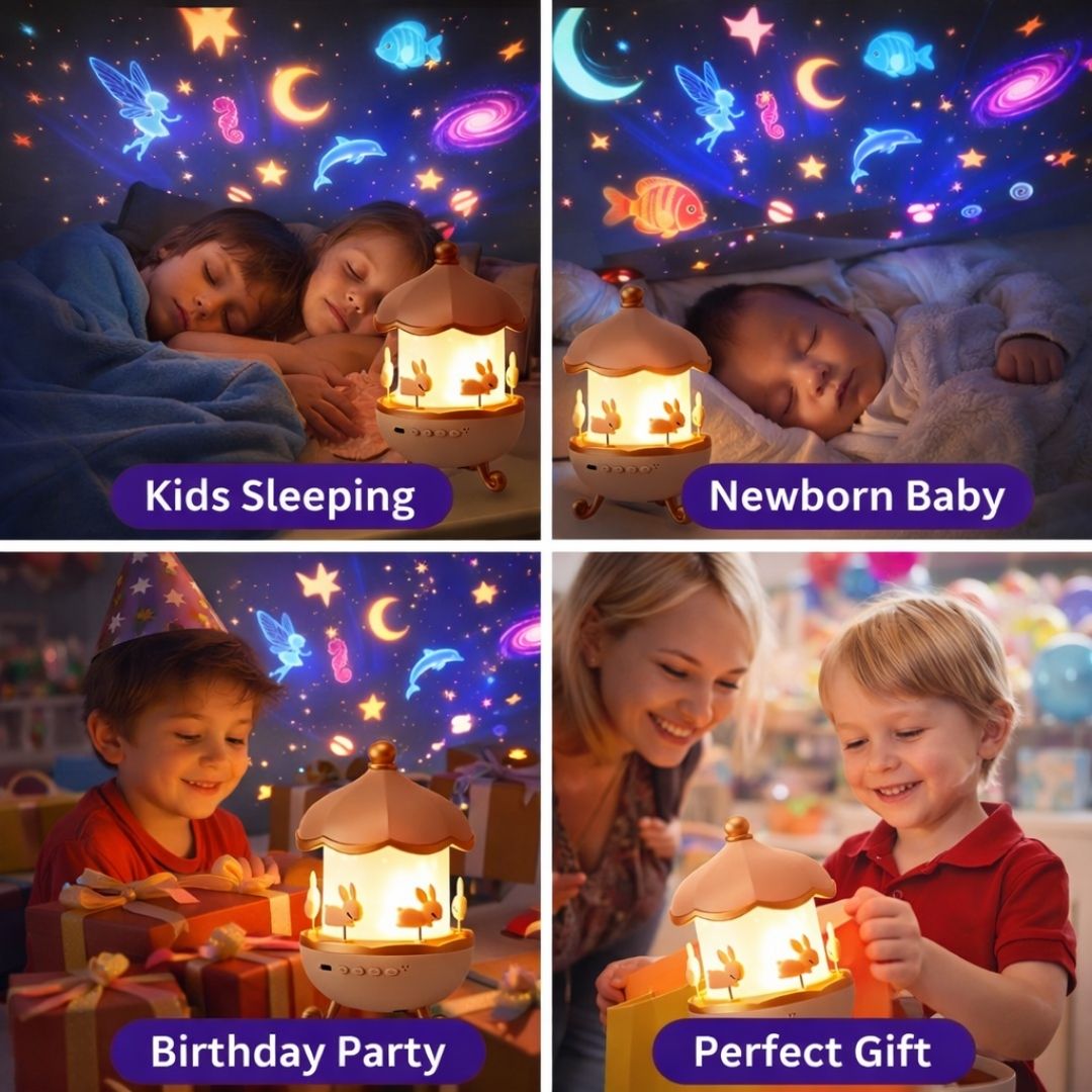 Collage of a night light being used by children, a newborn, and at a birthday party with text labels.