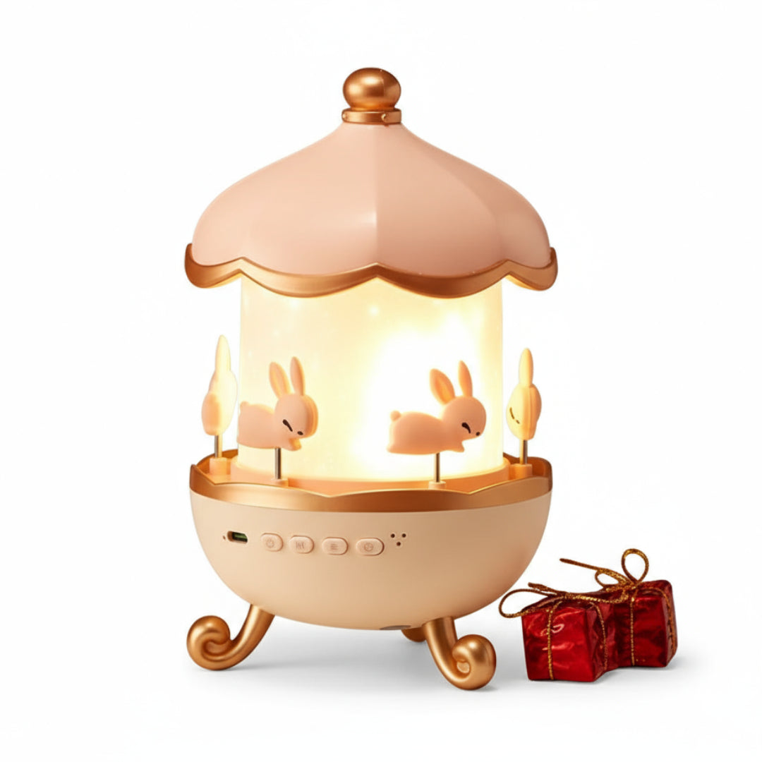 Decorative lamp with rabbit design on a soft surface with a blurred background