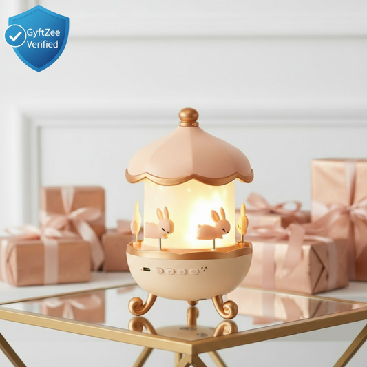 Decorative lamp with rabbit design on a table with gift boxes in the background