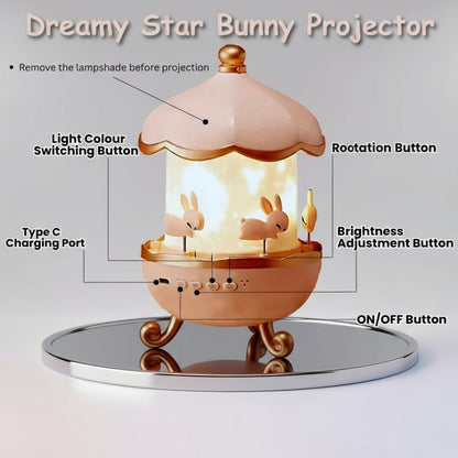 Dreamy Star Bunny Projector with labeled features on a gray background