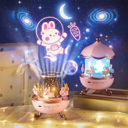 Cute rabbit-themed night light projector with glowing effects on a decorative background.