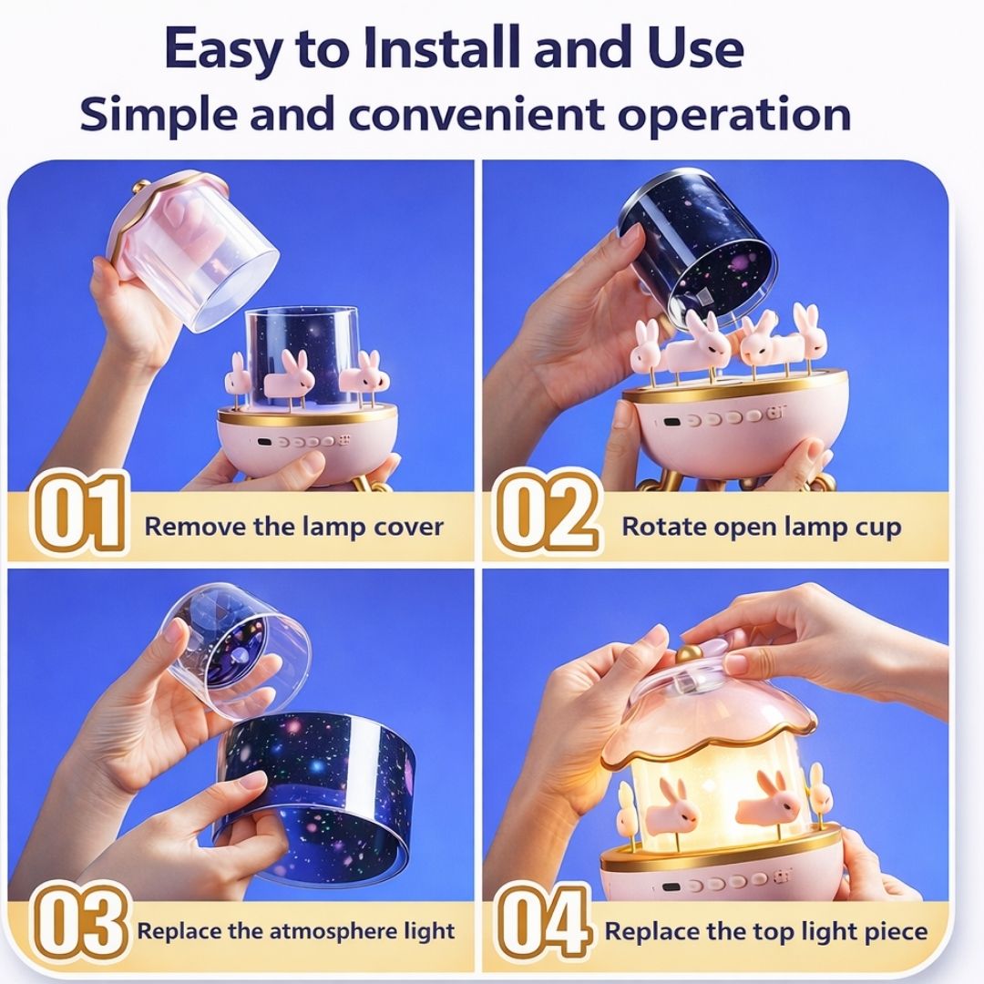 Step-by-step guide on how to use a decorative lamp with rabbit figures.