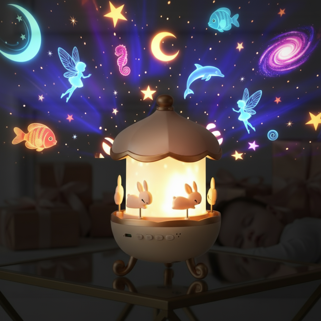 Decorative night light with cartoon characters on a dark background with colorful projections.