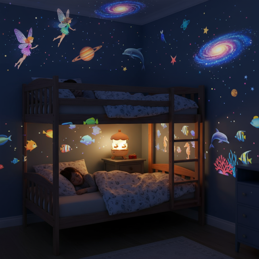 Children's bedroom with space-themed wall decals and a bunk bed.
