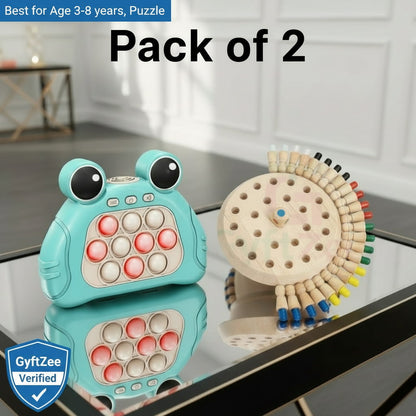 Two educational toys, combo puzzle and a wooden memory chess and PushPop game, on a reflective surface. Kids age 3-8 years. A stress buster for elders