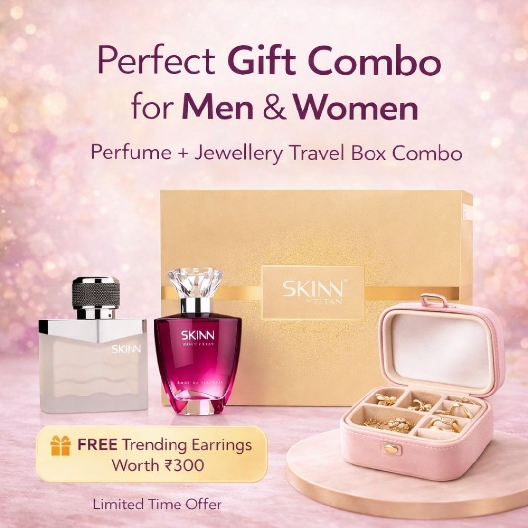 SKINN perfume and jewelry travel box combo with free earrings on a pink background