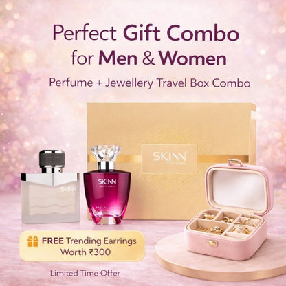 SKINN perfume and jewelry travel box combo with free earrings on a pink background