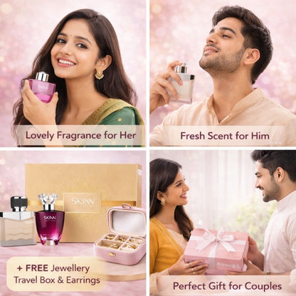 Collage of a woman holding a perfume bottle, a man with a different perfume, a couple with a gift box, and jewelry set on a pink background.