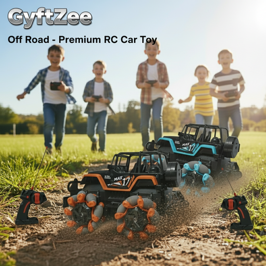 Children playing with GyftZee off-road premium RC car toys in a grassy field.