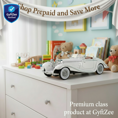 Toy car on a dresser with teddy bears and books in a child's room