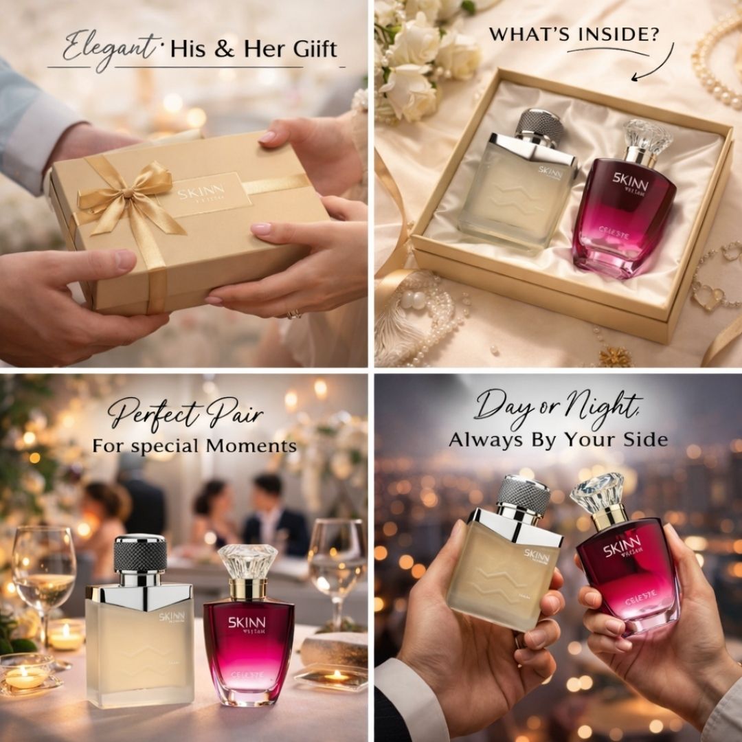 Collage of SKNN perfume bottles with gift box and people in a restaurant setting.