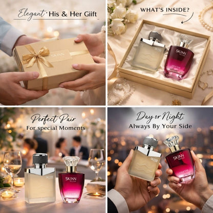 Collage of SKNN perfume bottles with gift box and people in a restaurant setting.