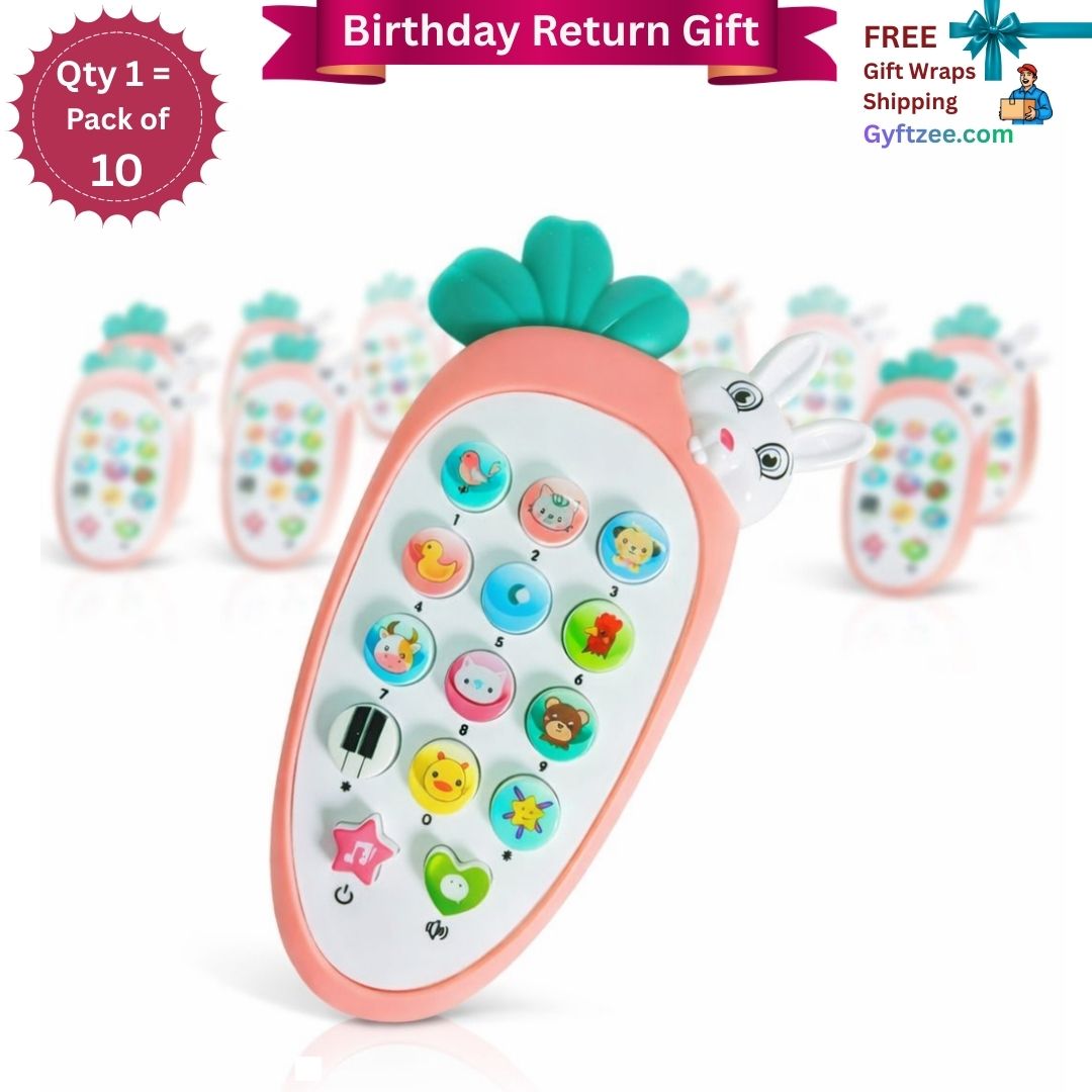 Toy phone shaped like a carrot with colorful buttons on a white background, featuring promotional text for a birthday return gift.
