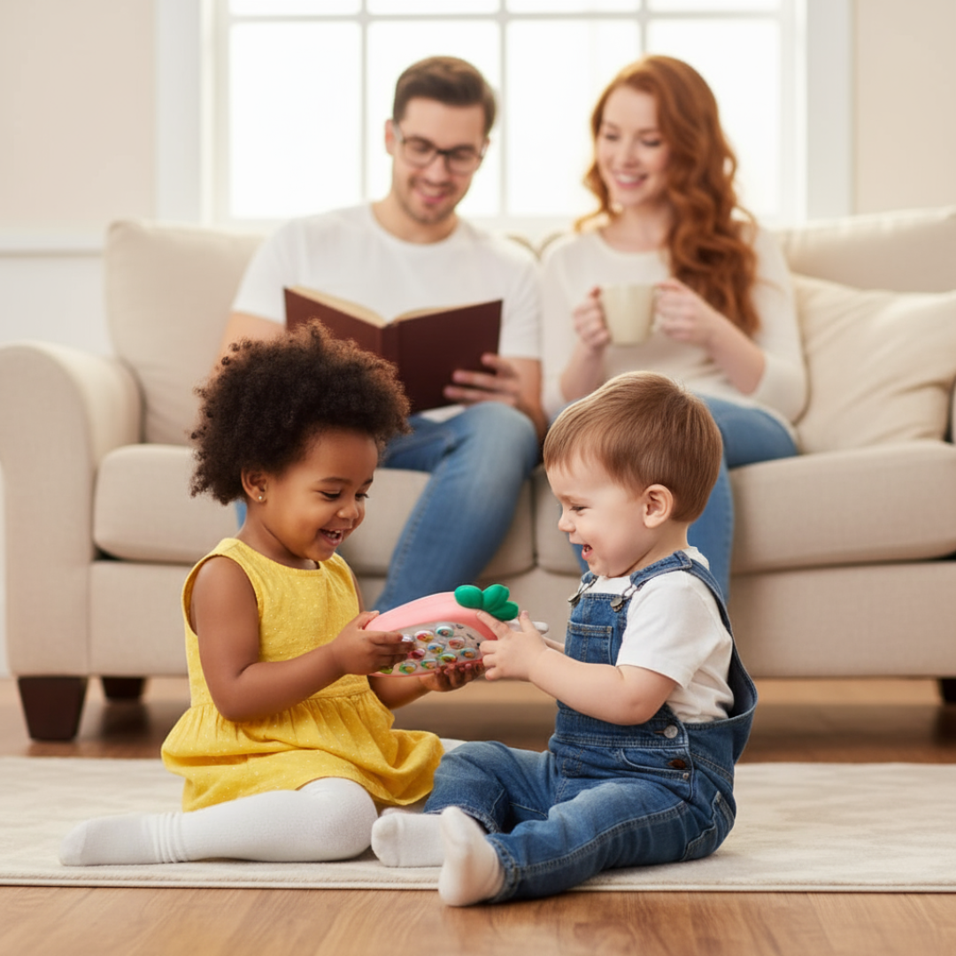 Family with two children playing on the floor in a living room.