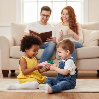 Family with two children playing on the floor in a living room.