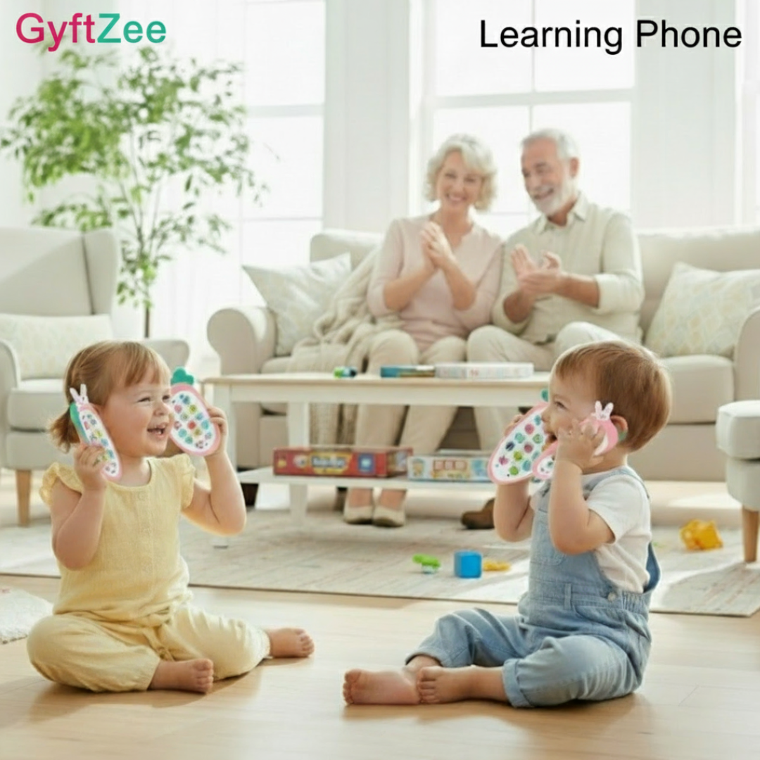 Two children playing with a toy phone in a living room with their parents clapping.