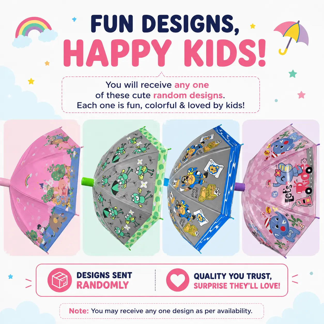 Promotional image of children's umbrellas with colorful designs and text about random design selection.