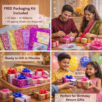 Collage of gift-wrapping materials and people with gifts, including text about a free packaging kit.
